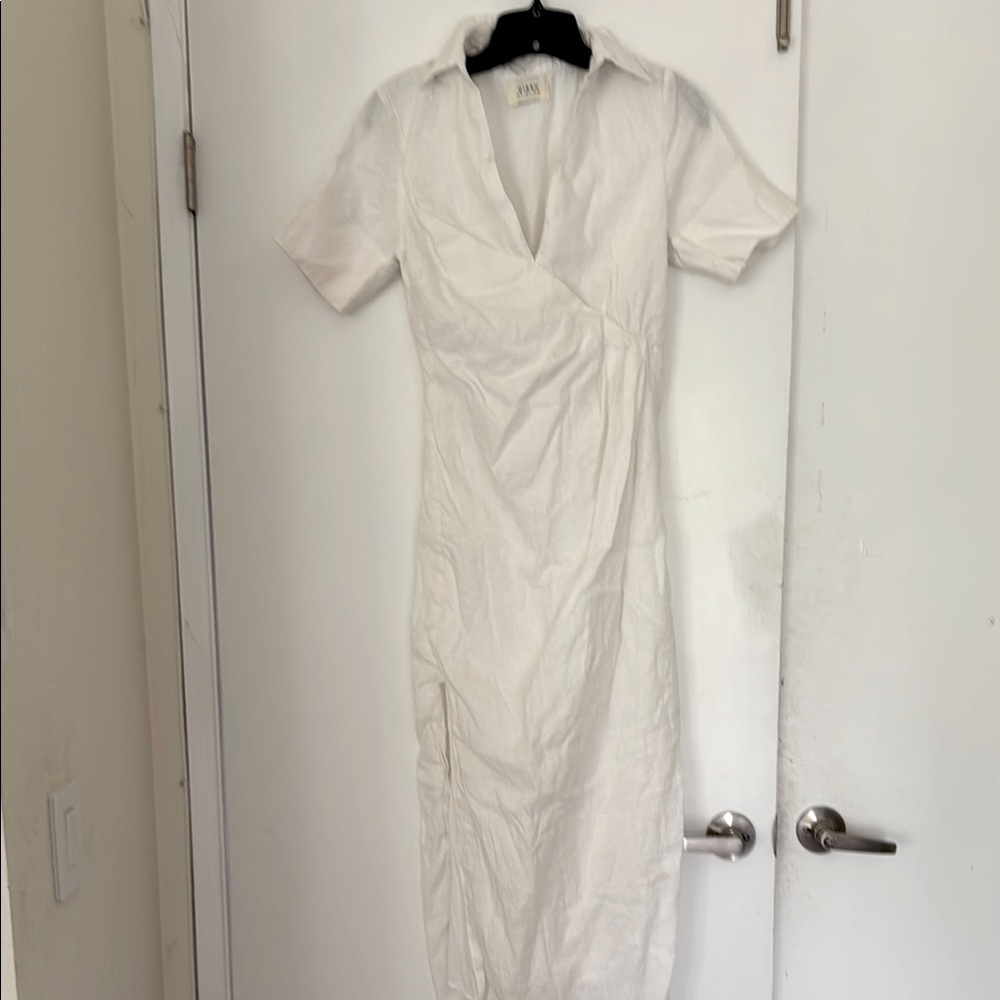 DISSH white linen faux wrap dress